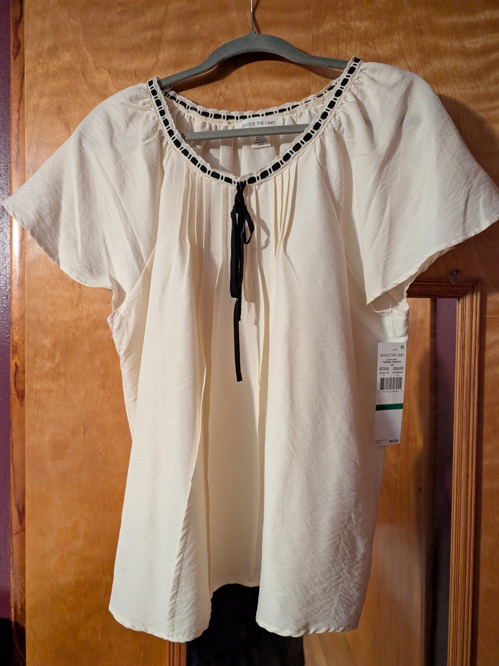 Cream Tie-Neck Peasant Blouse